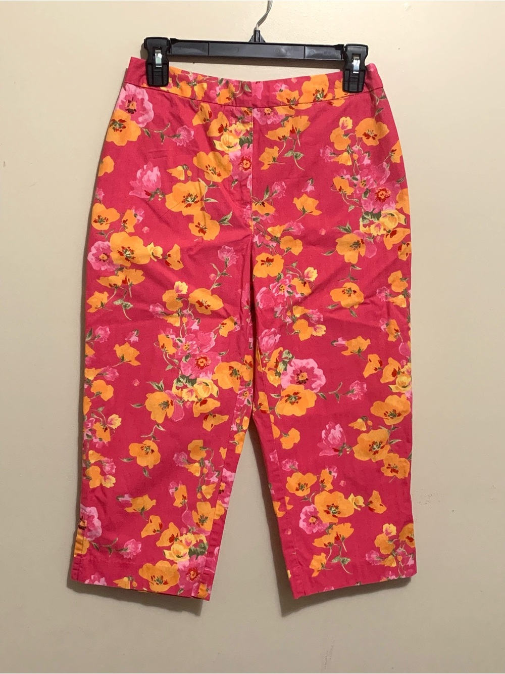 80s 90s Vintage Bright Pink Floral Print Cropped Coulottes Pants Dopamine